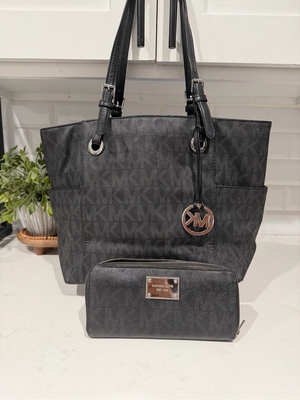 Michael Kors Black MK Logo Tote with Matching Black Wallet